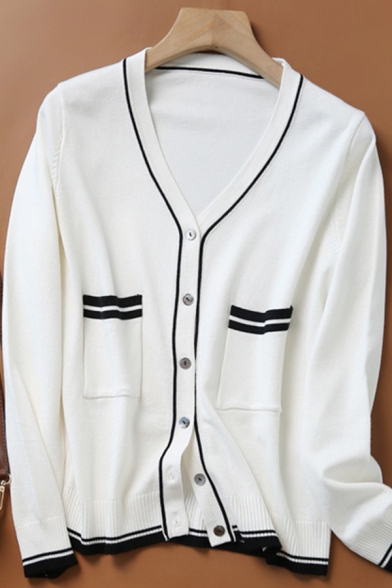 Elegant Cardigan Contrast Stitching Trims Front Pockets Button-down Long Sleeves Slim Fitted Cardigan for Women