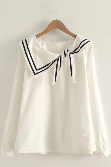 Elegant Womens Blouse Contrast Stripe Pattern Sailor Collar Long Sleeves Regular Fitted Blouse Shirt