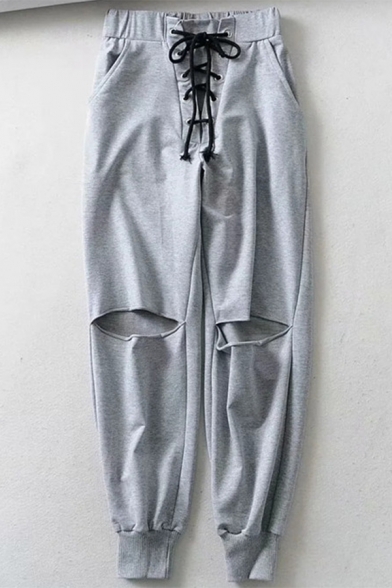 Hot Fashion High Drawstring Waist Cut Out Elastic Ankle Detail Loose Plain Sweatpants With Pockets
