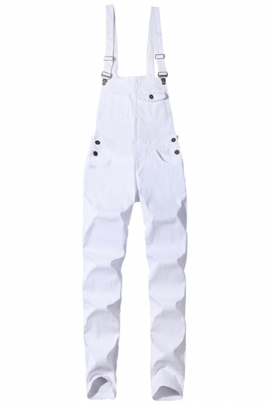 Hot Popular Contrast Stripe Side Vintage Fashionable Ripped Jeans White Bib Overalls