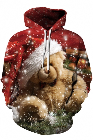 Mens Hooded Sweatshirt Stylish Dog Deer Snow Bear Deer Cat Bell Christmas Hat Print Drawstring Slim Fitted Long Sleeve Hoodie