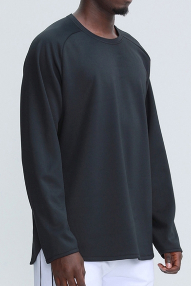 Novelty Mens Fitness Sweatshirt Plain Split Hem Long Sleeve Relaxed Fitted Round Neck Sweatshirt