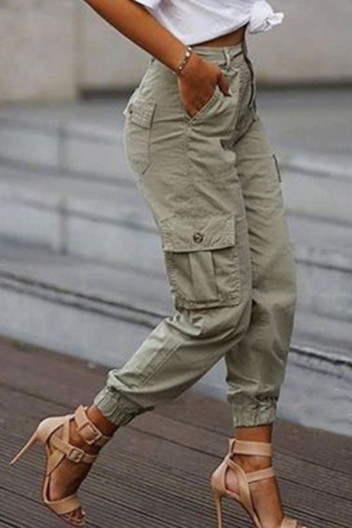 Novelty Womens Pants Solid Color Side Flap Pockets Gathered Cuffs High Rise Regular Fit 7/8 Length Tapered Cargo Pants