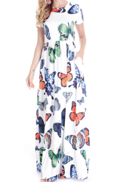 Pretty Ladies White Short Sleeve V-Neck All Over Butterfly Printed Maxi Flowy Dress