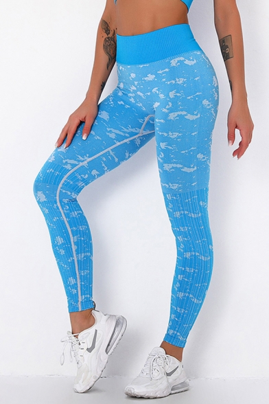 Quick Dry Women's Yoga Leggings Color Printed Butt Lifted Contrast Stitching Ribbed Detail High Waist Ankle Length Skinny Leggings