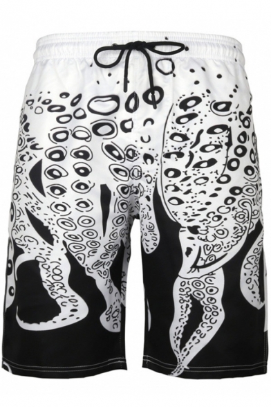 Stylish Octopus Print Drawstring Waist Black Casual Swim Trunks for Guys