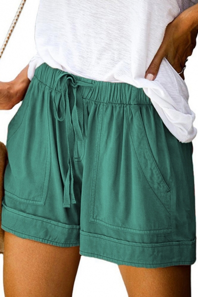 Stylish Shorts Solid Color Rolled Hem Unique Pockets Drawstring Waist Relaxed Fit Shorts for Women