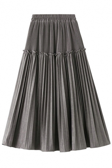 Unique Womens Skirt Solid Color Suede Panel Frill-Trimmed Midi High Elastic Waist A-Line Pleated Skirt