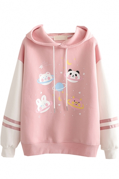 Vintage Girls Hoodie Cartoon Animal Planet Pattern Thickened Arm-Stripe Drawstring Long Contrast-Sleeve Relaxed Fitted Hooded Sweatshirt