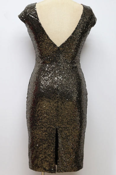 Vintage Womens Dress Sequin Decoration Split Back Short Sleeve Knee Length Slim Fitted Round Neck Bodycon Dress