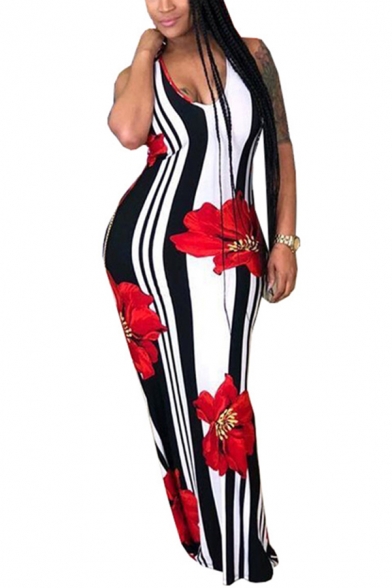 Womens Dress Chic Floral Stripe Print Waist-Control Maxi Slim Fitted V Neck Sleeveless Bodycon Dress
