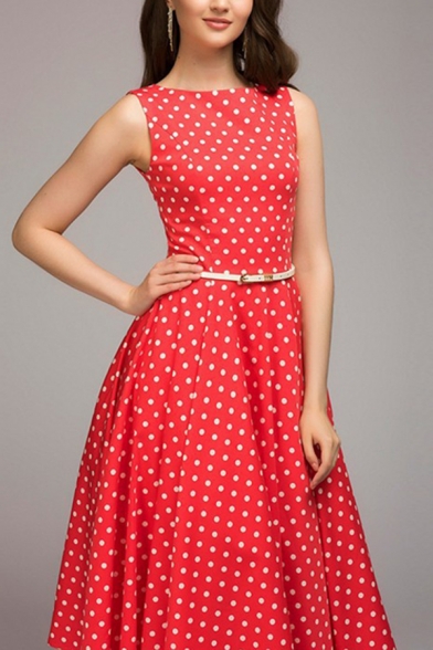 Womens Dress Chic Polka Dot Pattern Crew Neck Sleeveless A-Line Slim Fitted Midi Swing Dress