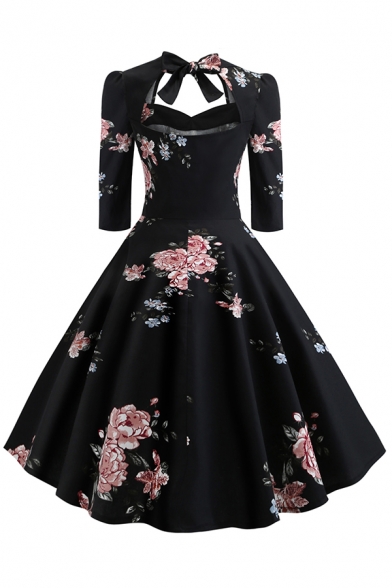 Womens Dress Stylish Floral Pattern Cut-out Bowknot Back Waist Controlled Midi A-Line Slim Fitted Sweetheart Neck Half Sleeve Swing Dress