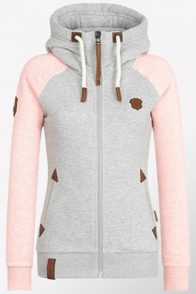 Womens Hoodie Stylish Color Block Leather-Patch Zipper Fly Drawstring Long Raglan Sleeve Slim Fit Hooded Sweatshirt