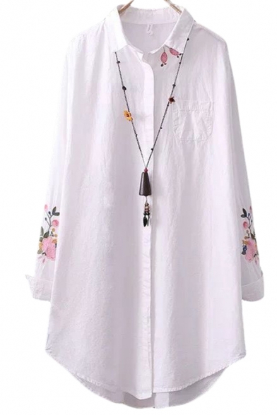 Womens Shirt Chic Floral Embroidered Curved Hem Button up Turn-down Collar Tunic Loose Fit Long Sleeve Shirt