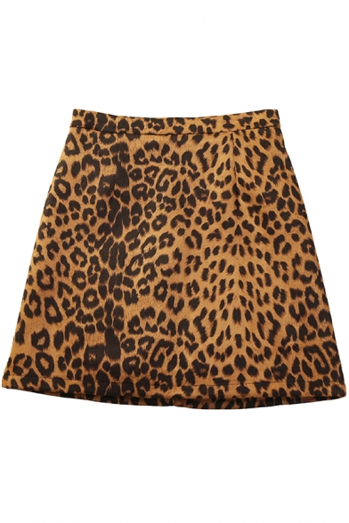 Womens Skirt Trendy Leopard Skin Pattern Suede Anti-Emptied Invisible Zipper Back High Rise Mini Bodycon Skirt