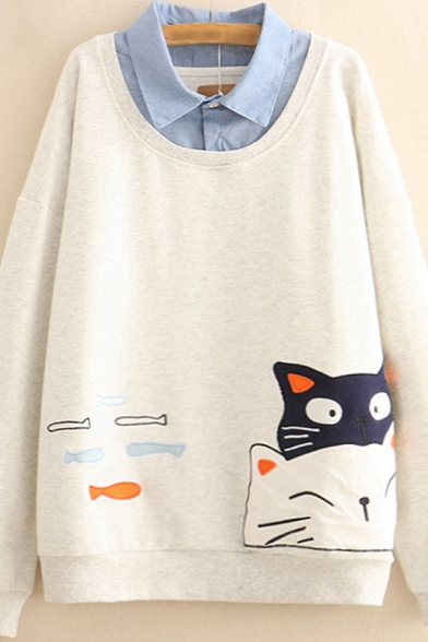 Womens Sweatshirt Trendy Cat Fish Embroidered Loose Fit Long Sleeve Crew Neck Pullover Sweatshirt