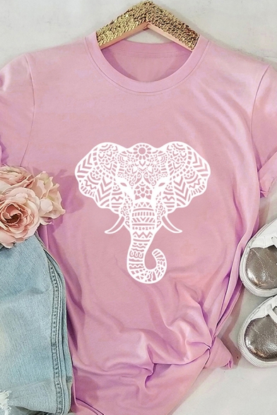 Womens T-Shirt Chic Elephant Pattern Purified Cotton Short Sleeve Round Neck Relaxed Fitted Tee Top