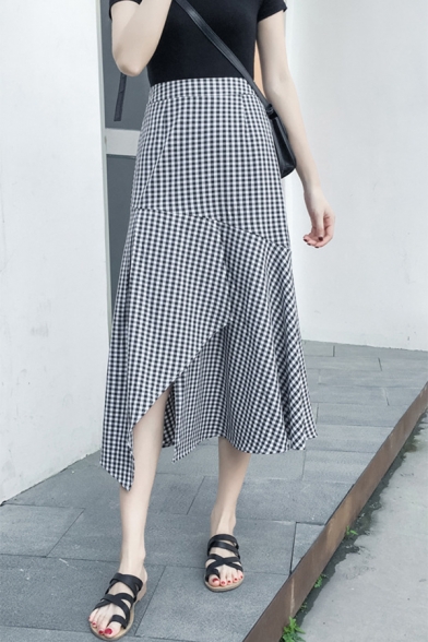 Womens Trendy Black and White Plaid Printed High Rise Midi Ruffled Skirt