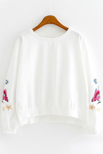Basic Floral Embroidered Round Neck Long Sleeves Pullover Sweatshirt