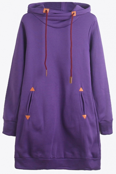Basic Women's Hooded Sweatshirt Contrast Detailed Side Pockets Drawstring Long Sleeves Loose Fit Midi Hoodie