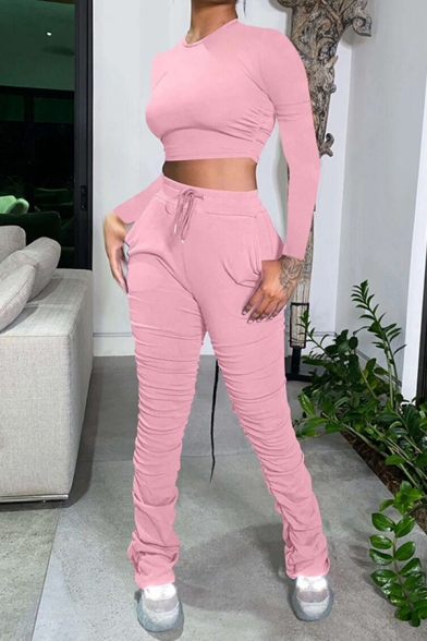 Basic Womens Set Solid Color Round Neck Long-sleeved Slim Fitted Cropped T-Shirt with Pleated Drawstring Waist Long Pants Co-ords