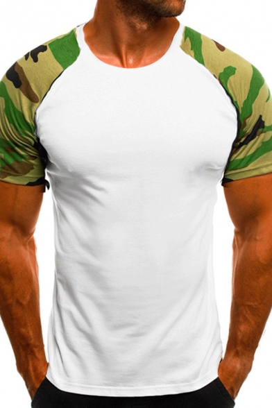 Casual Men's T-Shirt Contrast Panel Raglan Crew Neck Short Sleeves Regular Fitted Tee Top