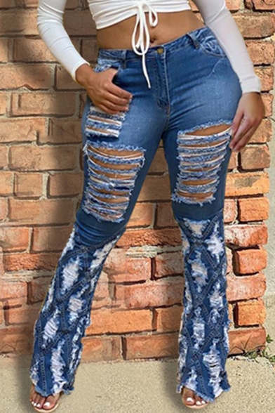 Classic Womens Jeans Faded Wash Ripped Deign Zipper Fly Slim Fit Long Bootcut Jeans