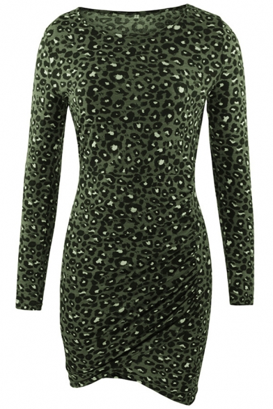 Cool Bodycon Dress All over Leopard Print Pleated off the Shoulder Asymmetrical Hem Long Sleeve Bodycon Dress for Women