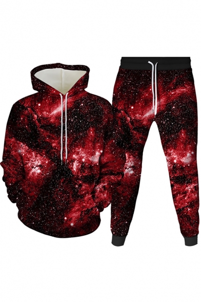 Cool Mens 3D Co-ords Galaxy Pattern Slim Fitted 7/8 Length Tapered Pants Long Sleeve Hoodie Jogger Co-ords