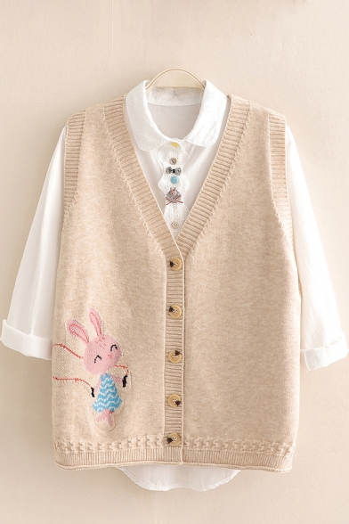 Creative Girls Sweater Vest Rabbit Jumping Rope Pattern Button up V Neck Sleeveless Relaxed Fit Cardigan Vest