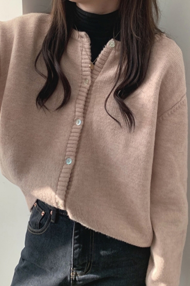 Creative Womens Cardigan Solid Color Button Fly Long Sleeve Relaxed Fit Crew Neck Cardigan