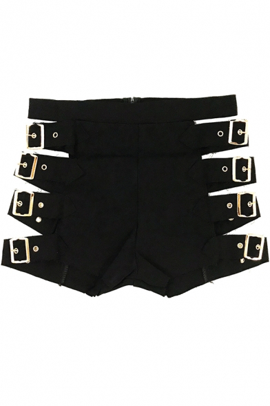 Creative Womens Shorts Solid Color Cut-out Buckle Side Stretch Slim Fitted Short Shorts