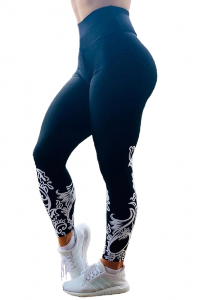 Elegant Womens Leggings Tribal Floral Printed High Rise Quick Dry Lift the Hips Full Length Skinny Yoga Pants