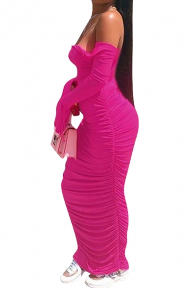 Fashionable Women's Dress Solid Color Pleated Detail Square Neck Long Flare Cuff Sleeves Slim Fitted Long Bodycon Dress