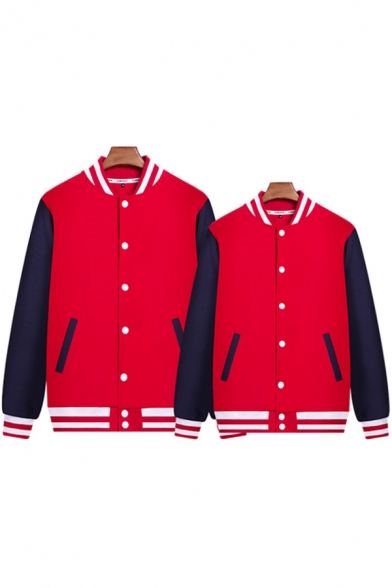 Mens Jacket Fashionable Stripe Trim Cuffed Button Detail Stand Collar Loose Fit Long Contrasted-Sleeve Varsity Jacket
