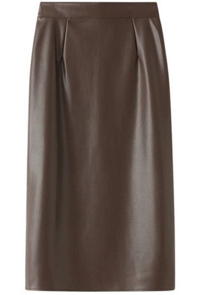 Novelty Womens Skirt Plain Sewing Dart Split Detail PU Leather High Elastic Rise Midi Bodycon Skirt