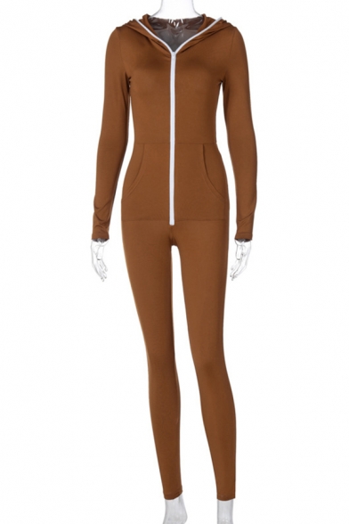 Novelty Womens Sport Jumpsuit Solid Color Zipper Front Long Sleeve Hooded Skinny Fitted Jumpsuit