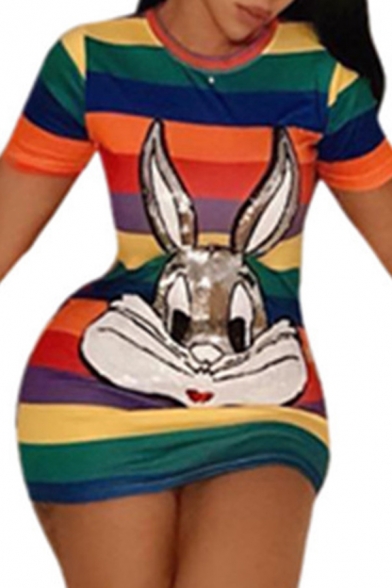 Retro Womens Dress Rabbit Rainbow Stripe Pattern Sequin Mini Slim Fitted Round Neck Short Sleeve Bodycon Dress
