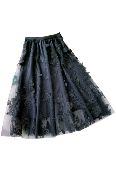 Retro Womens Skirt Butterfly Embroidered High Elastic Rise Midi A-Line Tulle Skirt