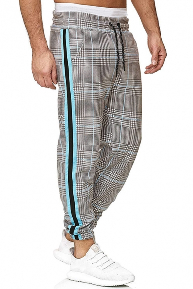 Stylish Mens Pants Tartan Plaid Pattern Side Stripe Pocket Drawstring Low Waist Fitted 7/8 Length Pants