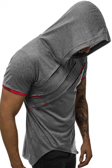 Stylish Mens Tee Top Patchwork Asymmetric Hem Faux Twinset Short-sleeved Regular Fitted Hooded T-Shirt