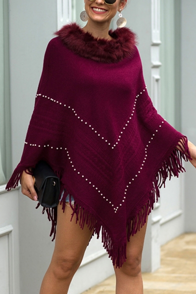 Stylish Shawl Sweater Solid Color Fur Neck Chevron Print Tassel Detail Crew Neck Long Sleeves Relaxed Fit Shawl Pullover Sweater for Women