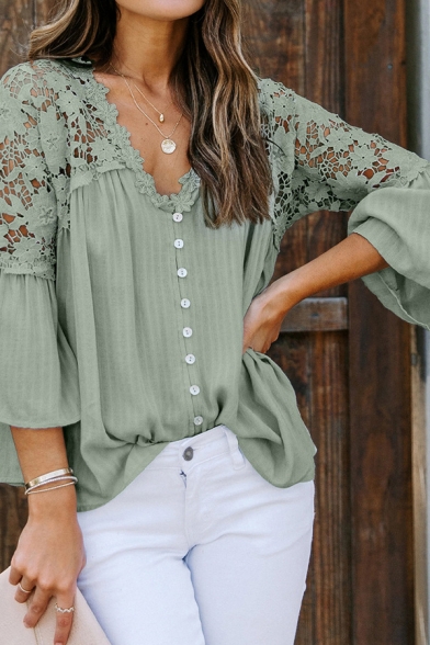 Stylish Women's Blouse Lace Trim Hollow out Broderie Detailed Patchwork Button-down V Neck Flare Cuff Sleeves Regular Fitted Shirt Blouse