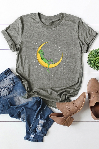 Trendy Women's Tee Top Alien Moon Printed Rolled Cuffs Crew Neck Short Sleeves Regular Fitted T-Shirt