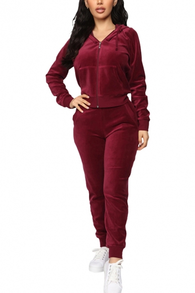 Unique Womens Co-ords Plain Velvet Gathered Cuffs Slim Fitted 7/8 Length Pants Zipper down Long Sleeve Hooded Jacket Jogger Co-ords