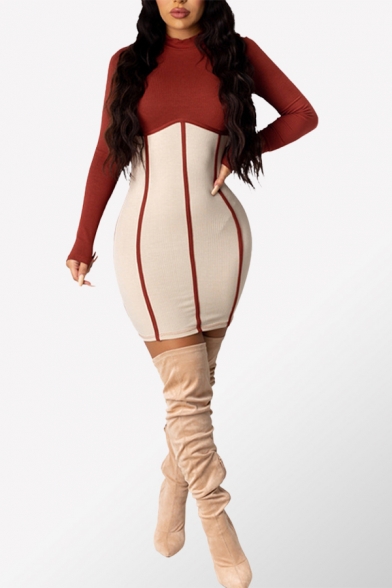 Unique Womens Dress Contrast Rib Knit Panel Short Slim Fitted Mock Neck Long Sleeve Bodycon Dress