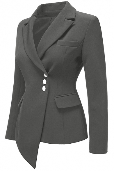 Womens Jacket Stylish Solid Color Pocket Flap Design Asymmetric Hem Three-Button Lapel Collar Slim Fit Long Sleeve Suit Jacket