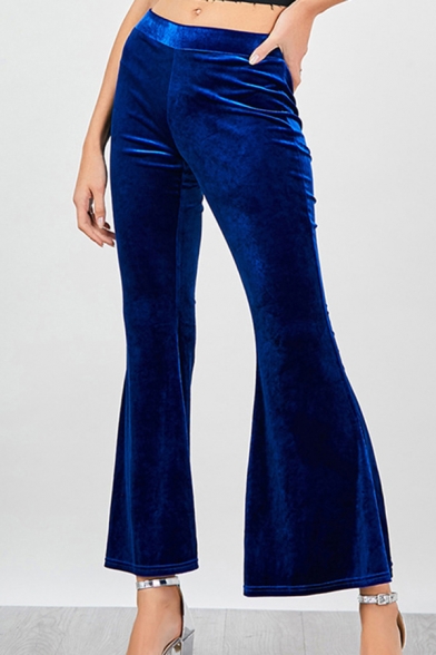 Womens Pants Fashionable Solid Color Suede Regular Fit Long High Rise Flare Relaxed Pants