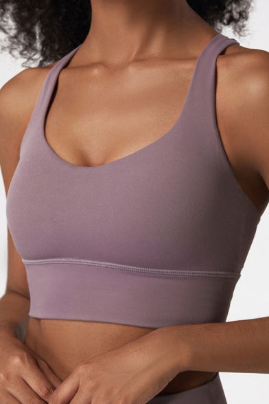 Womens Sport Cami Top Simple Plain Cross Beauty-Back Shockproof Cropped Sleeveless Scoop Neck Slim Fitted Fitness Bra